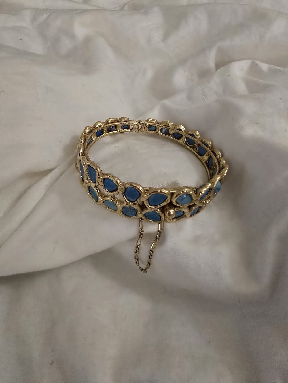 Vintage Costume Gold-Tone Hinge Bracelet with Blue Stone Accents